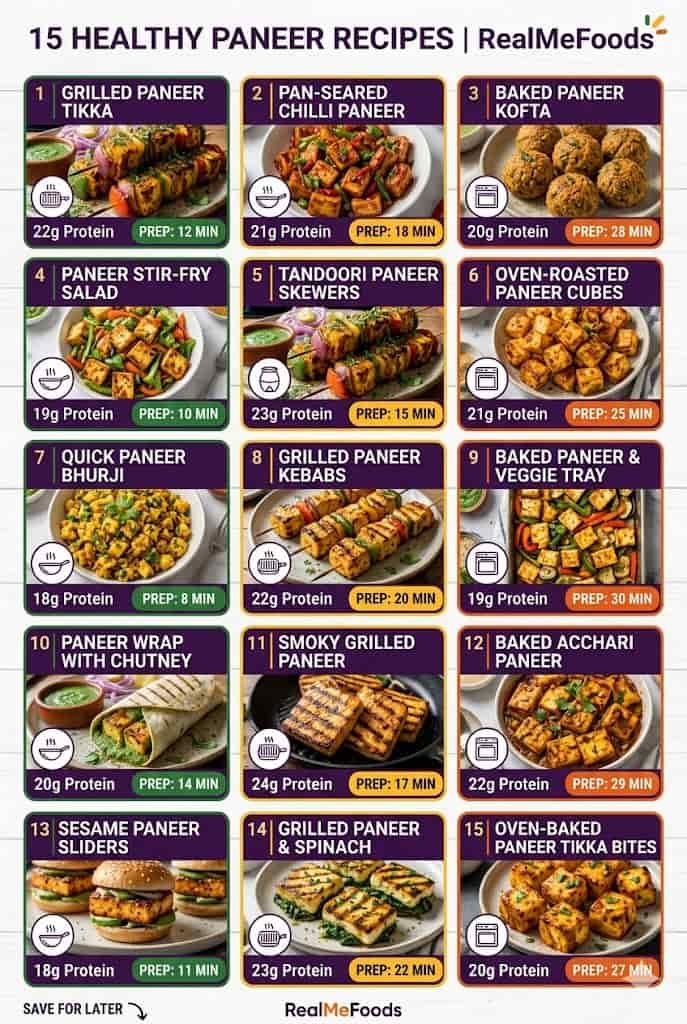  "15 Healthy Paneer Recipes" visual grid — 3 columns × 5 rows, each cell showing dish name, cooking method icon (grill/bake/stir-fry), protein content per serving, and a color-coded prep time badge (green = under 15 min, yellow = 15–25 min, orange = 25+ min). Use purple and saffron brand tones matching RealMeFoods. Ideal dimensions: 800×1200px for blog and Pinterest