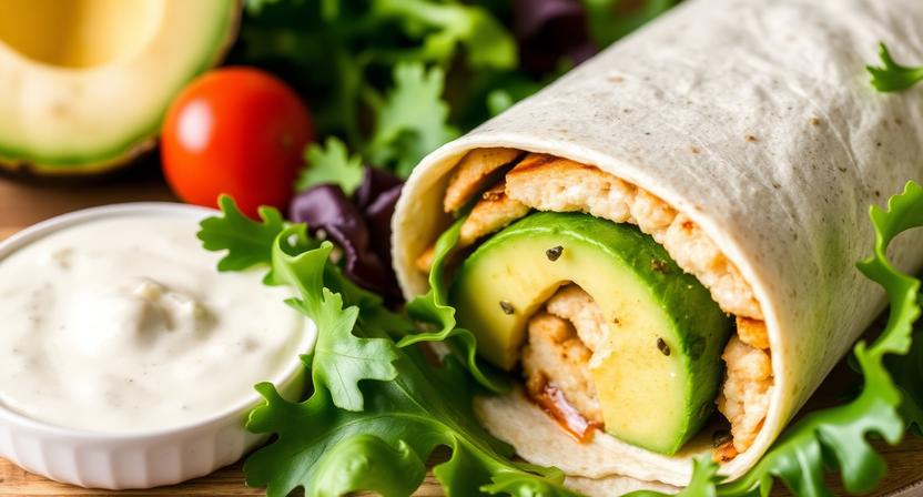 Grilled chicken and avocado wrap with fresh greens and creamy sauce