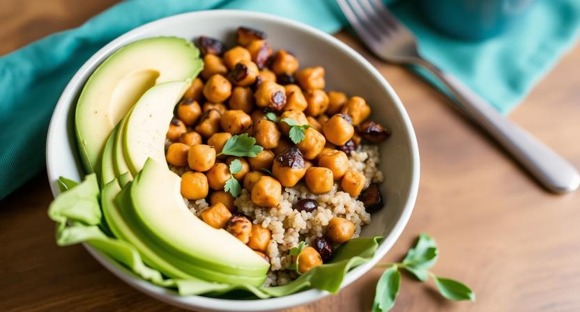 Fresh Buddha bowl with quinoa, roasted chickpeas, and sliced avocado