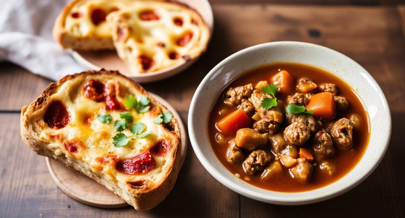 Hearty hamburger stew in a bowl served with a side of cheesy bread