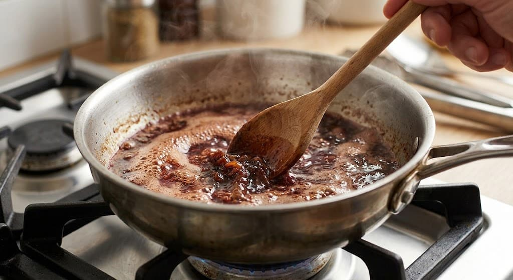 A stainless steel saucepan showing the deglazing process with red wine and beef drippings, with a wooden spoon scraping the flavorful browned bits (fond) from the bottom