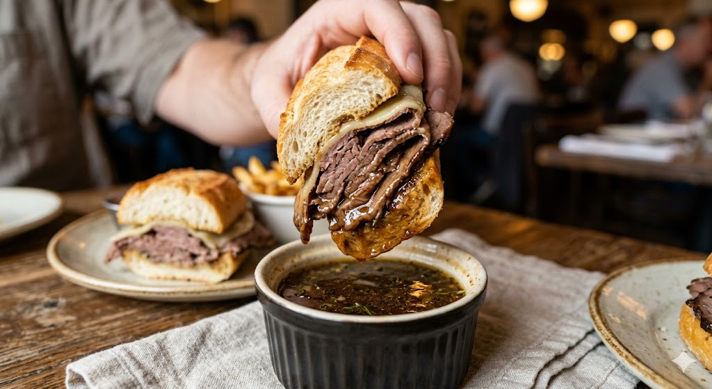 Close-up of a French dip sandwich being dunked into a small ramekin of rich, savory au jus, showing the silky texture of the sauce coating the sliced roast beef.