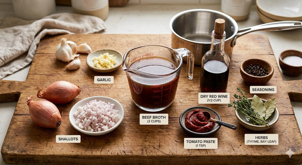 A top-down view of the ingredients for au jus without drippings, including high-quality beef broth, shallots, garlic, red wine, and a small dish of tomato paste on a wooden cutting board