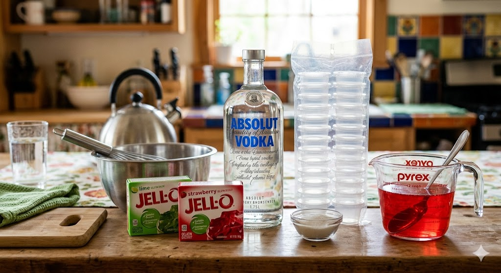Ingredients for making jello shots including Jell-O, vodka, and plastic shot cups