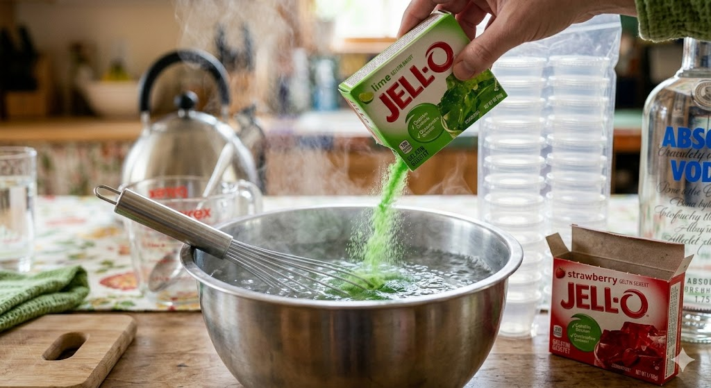 Dissolving Jell-O powder in boiling water for homemade jello shot recipe