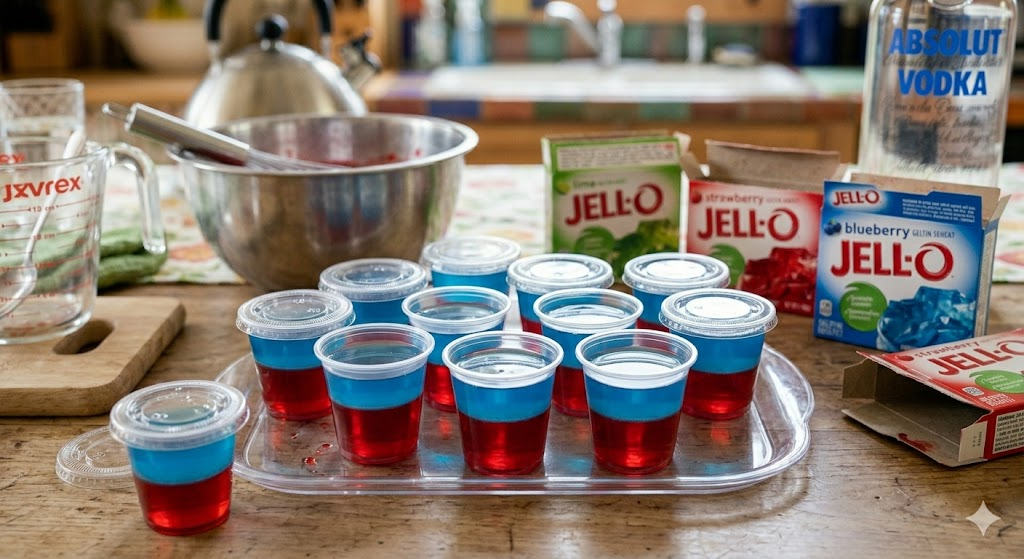 Layered red and blue jello shots showing two-color technique