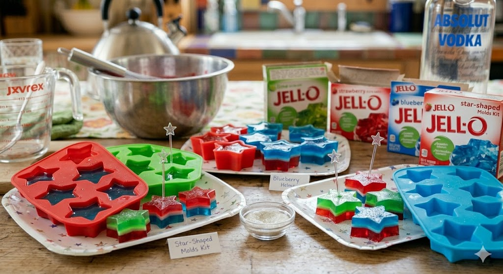 Jello shots in star-shaped silicone molds for creative party presentation