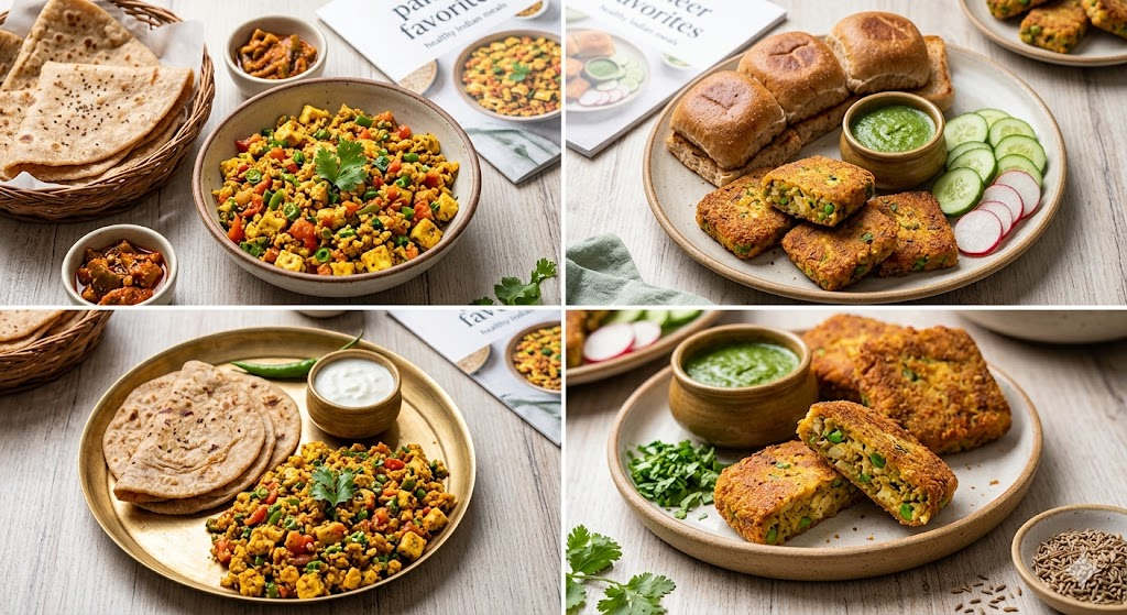 Place a grid or individual high-res images showing homemade paneer bhurji served with whole wheat paratha or an air-fried paneer cutlet platter here to break up the dense recipe lists visually