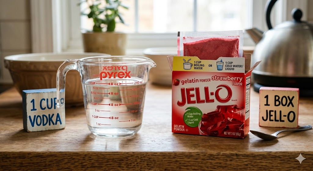 A measuring cup filled with vodka next to a box of gelatin powder illustrating the classic jello shot ratio