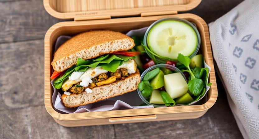 Healthy paneer sandwich neatly packed in a bamboo lunch box for office tiffin