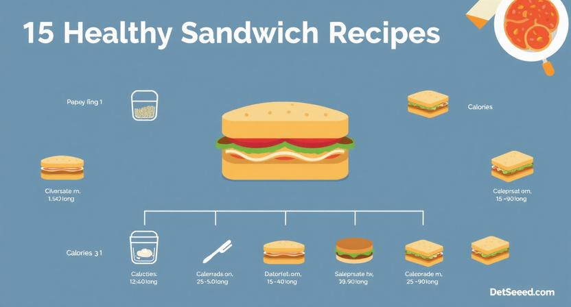 Infographic chart showing 15 healthy sandwich recipes with preparation time and calorie count