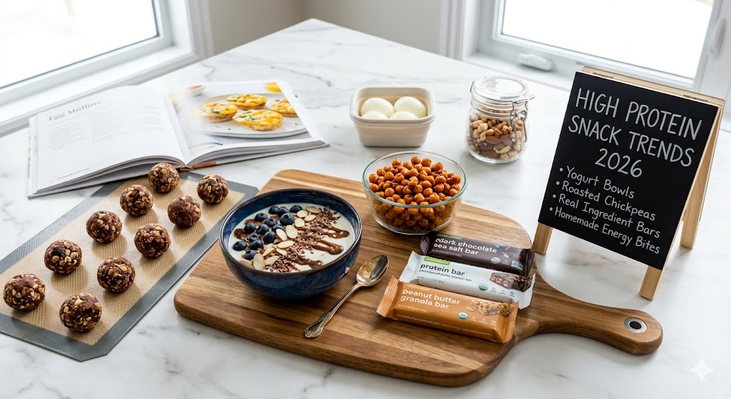 High Protein Snack Trends 2026 featuring yogurt bowls, chickpeas, protein bars, and healthy homemade snacks