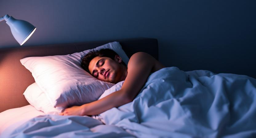 A person sleeping peacefully in a dark, comfortable bedroom, representing the role of restorative sleep in regulating hunger hormones and improving metabolic rate