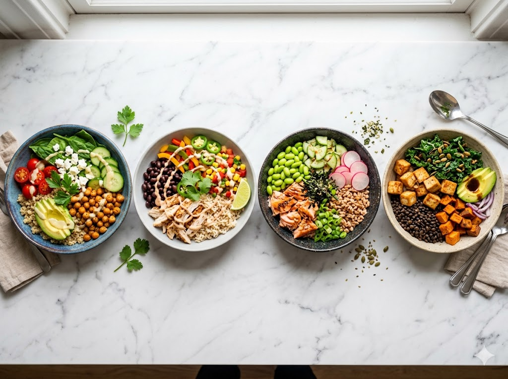High protein grain bowl lunch recipes — chicken quinoa and turkey rice bowls