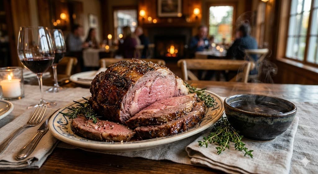 A wide-angle shot of a prime rib roast served with a small ceramic bowl of dark, glossy homemade au jus, featuring fresh thyme sprigs and steam rising from the liquid