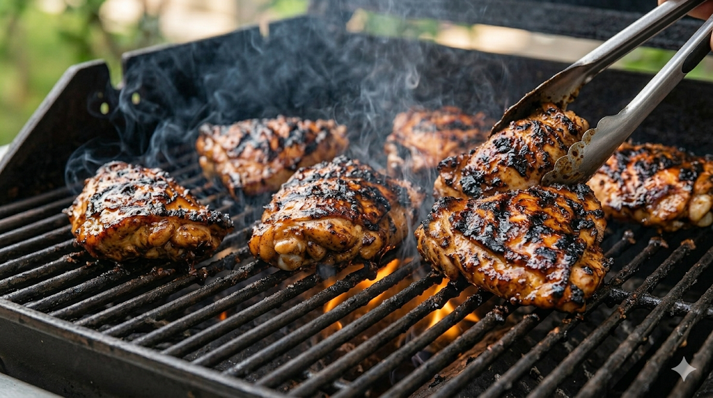 Jerk chicken thighs sizzling on a smoky grill grates with visible char marks.
