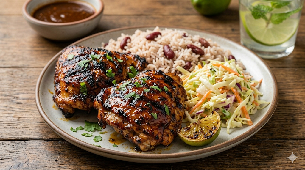 A complete meal of jerk chicken thighs served on a plate with traditional Jamaican rice and peas and coleslaw.