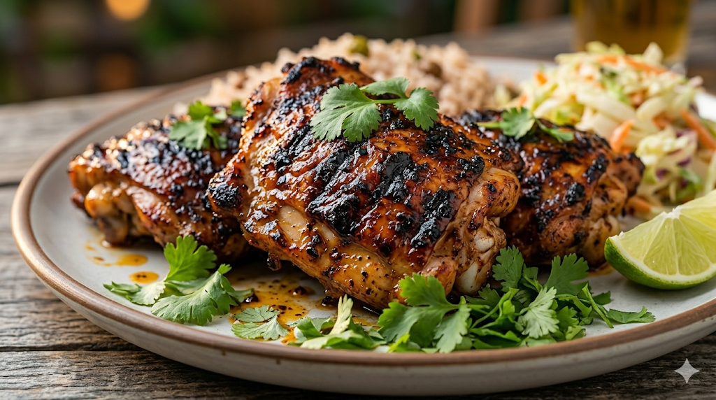 Raw chicken thighs arranged neatly with allspice, thyme, paprika, garlic powder, onion powder, and other jerk spices in small bowls