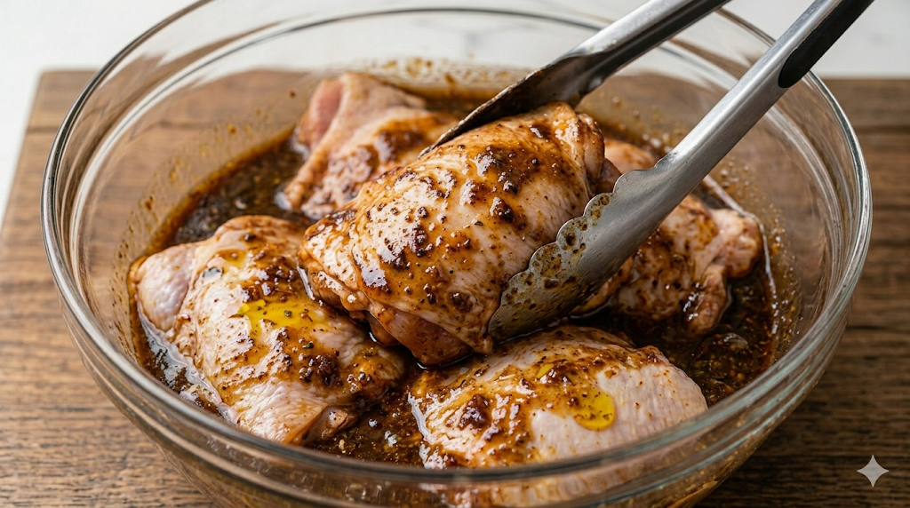 Chicken thighs completely coated in a thick, dark jerk spice marinade in a glass bowl