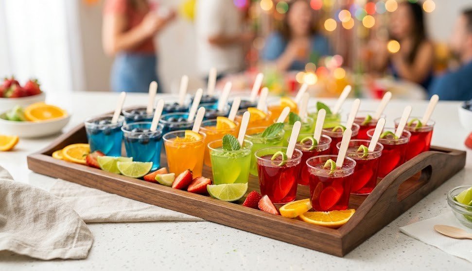 A vibrant array of colorful Jello shots in clear 2 oz cups arranged on a wooden party tray with fresh fruit slices