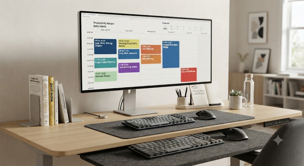 Using a digital calendar for time blocking as part of a structured productivity recipe