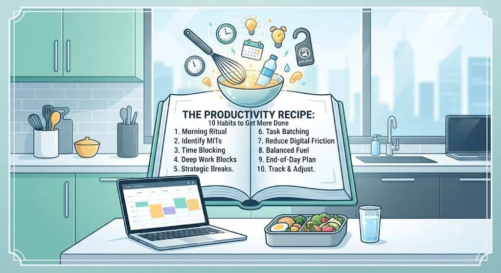An infographic illustration showing the 10 habits of a successful productivity recipe including time blocking, deep work, and balanced meals