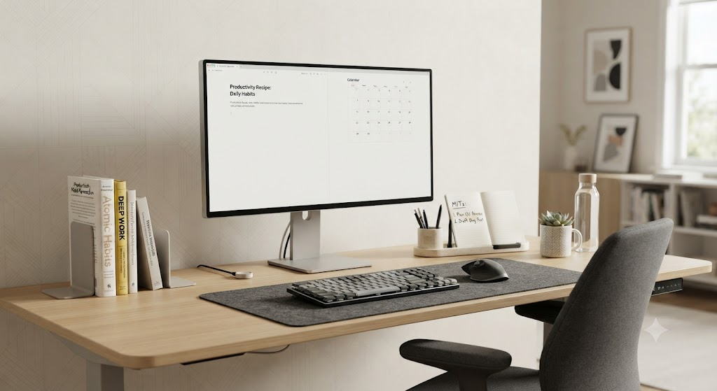 A minimalist desk setup used to follow a daily productivity recipe for deep work.