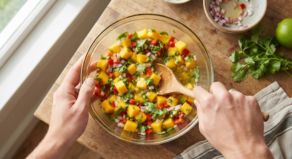 Stirring together fresh mango salsa in a glass bowl