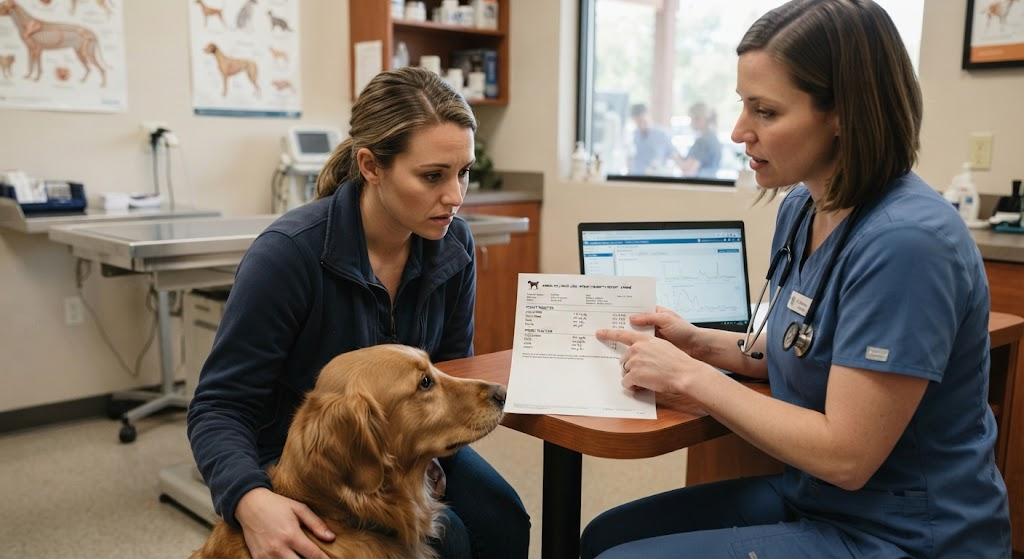 Veterinarian reviewing chronic kidney disease bloodwork with dog owner