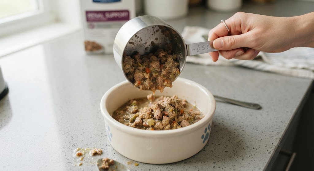 Measuring a portion of renal diet food for a dog with kidney disease
