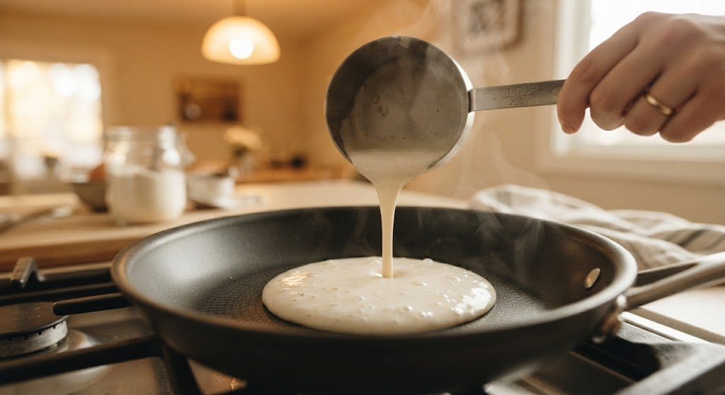 Pancake batter cooking in a skillet for a single-serving recipe