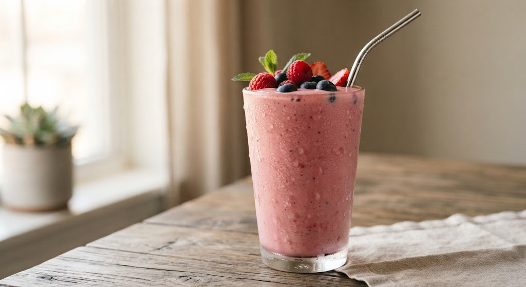 Finished banana berry fruit smoothie ready to drink