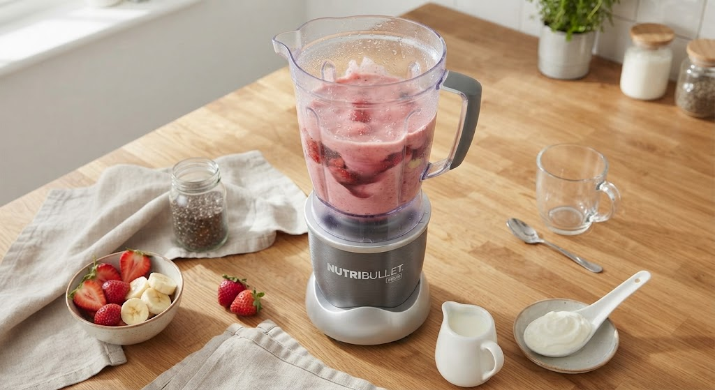 Ingredients for a classic banana berry fruit smoothie recipe