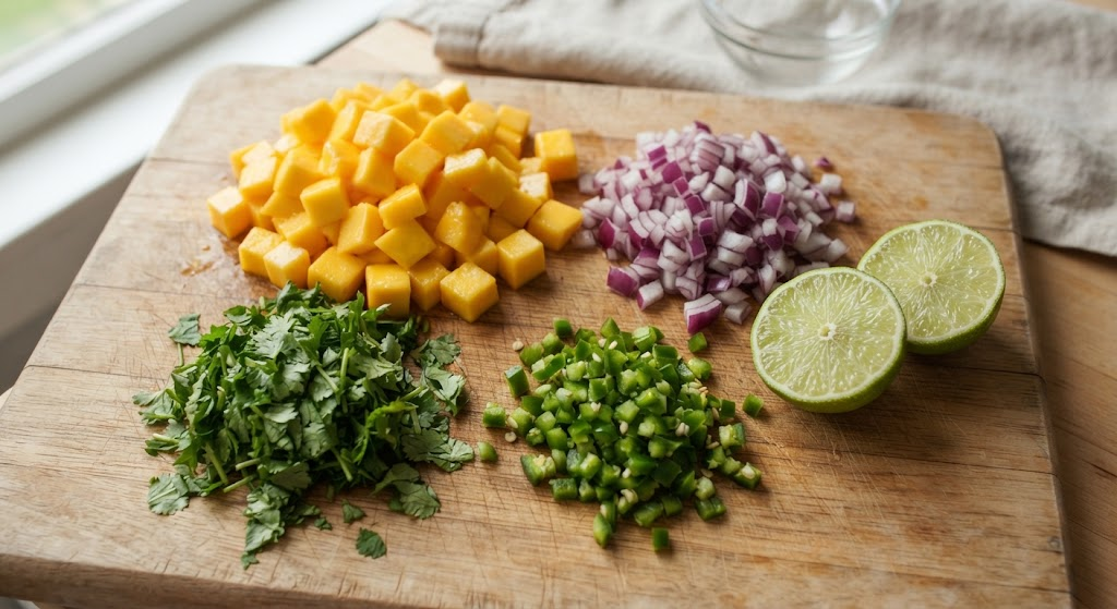 Fresh ingredients for mango salsa including mango, onion, jalapeño, and lime
