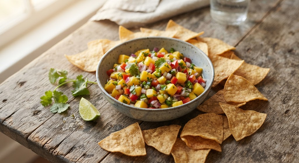Finished fresh mango salsa served with tortilla chips