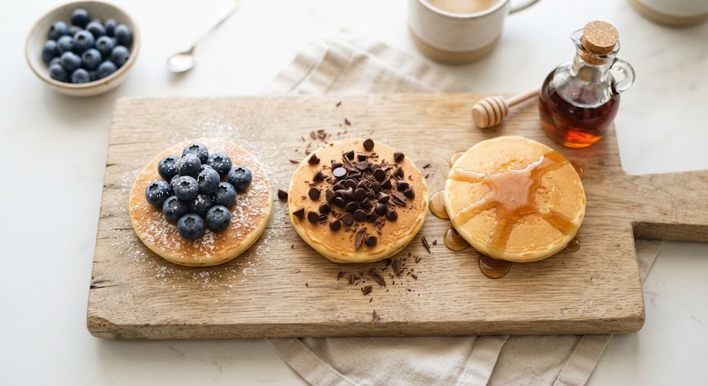 Pancake recipe variations including blueberry and chocolate chip for a single serving
