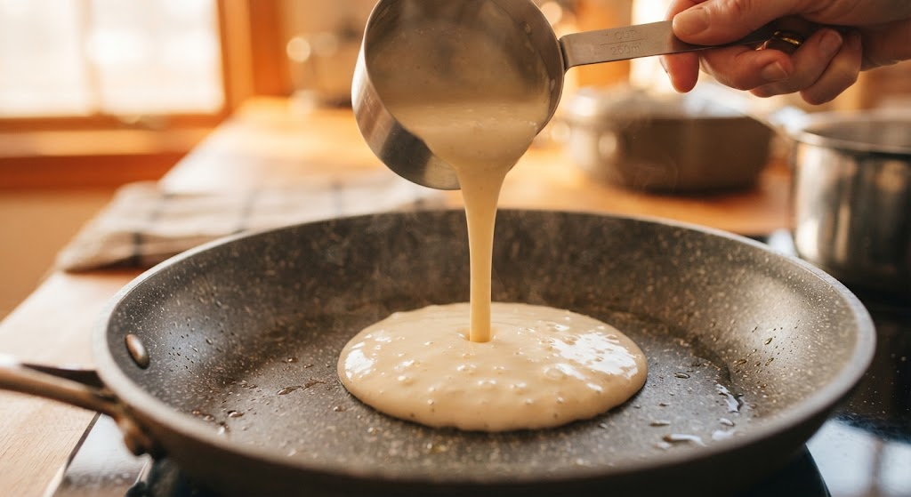 Pancake batter cooking in a skillet for a single-serving recipe